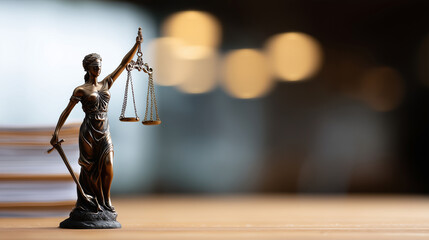 Bronze Lady Justice Statue with Blurred Background