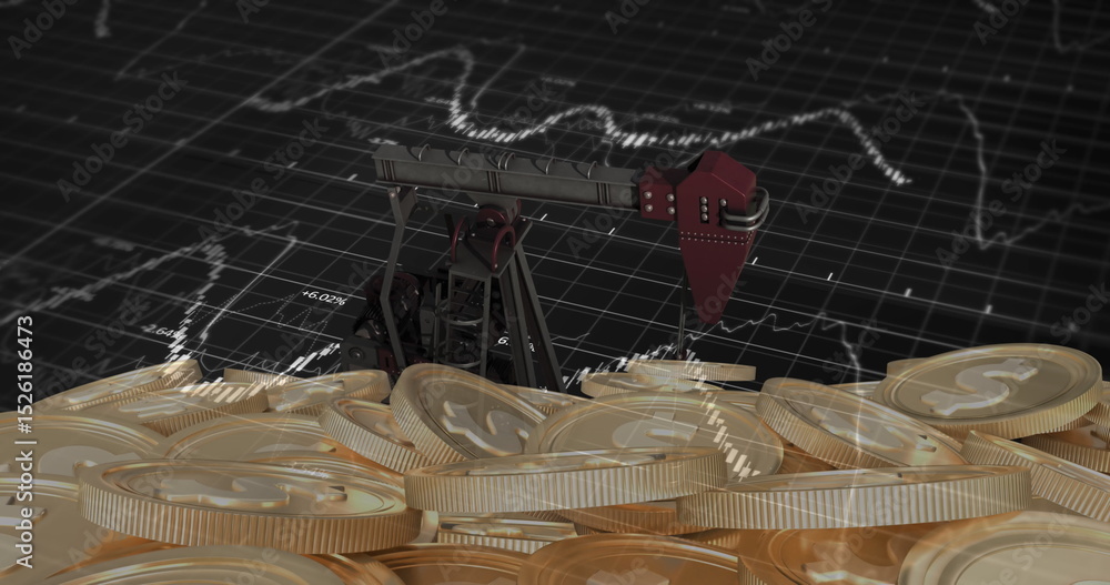 Aufkleber image of financial data processing with graph over pumpjack with dooar coins on black background