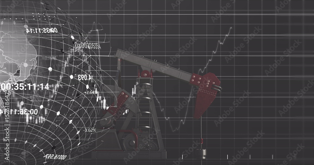 Poster image of globe and financial data processing with graph over pumpjack on black background