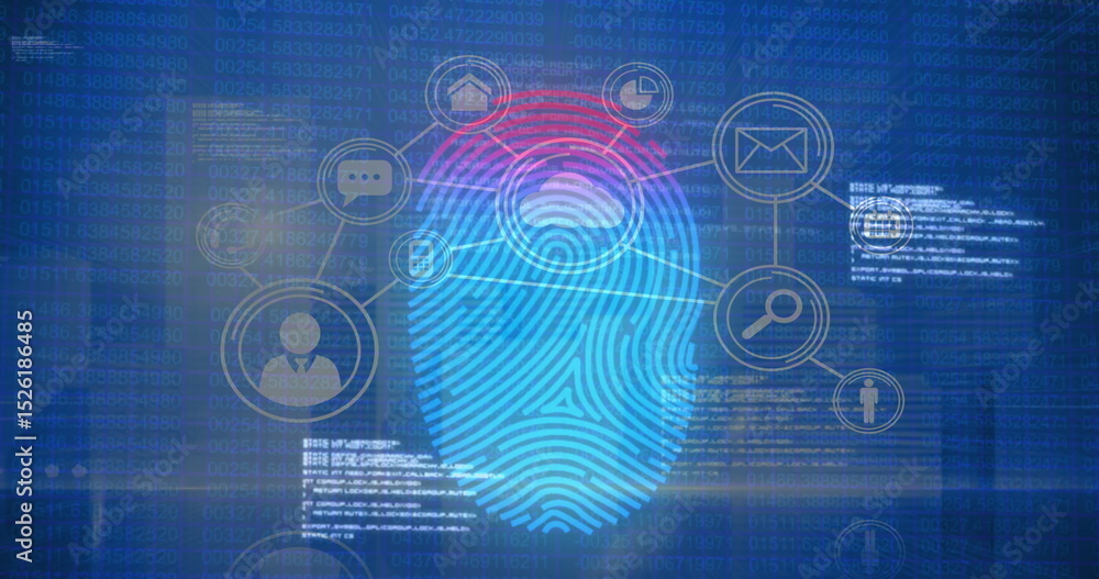 Poster image of data processing and network of connections over fingerprint icon on blue background