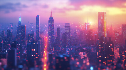 Fototapeta premium vibrant city skyline features illuminated skyscrapers at sunset, creating stunning view