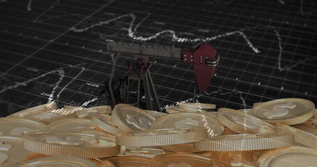 Image of financial data processing with graph over pumpjack with dooar coins on black background