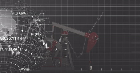 Image of globe and financial data processing with graph over pumpjack on black background