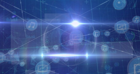 Image of network of digital icons and spot of light against blue background