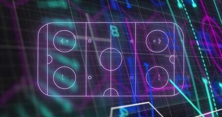 Showing neon air hockey rink glowing over dark grid dashboard, with neon graphs and data labels
