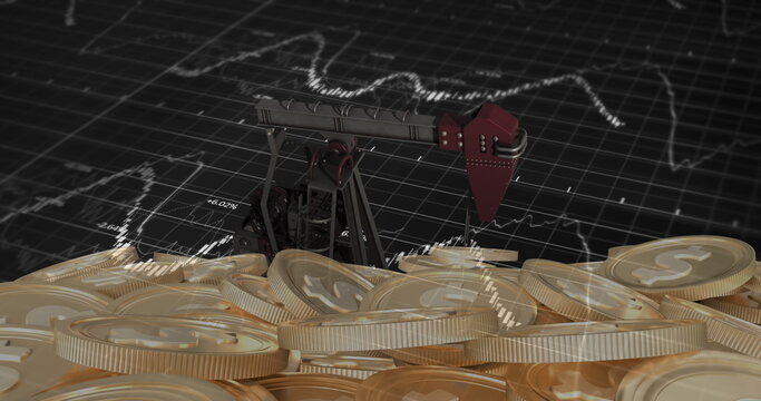 Image of financial data processing with graph over pumpjack with dooar coins on black background