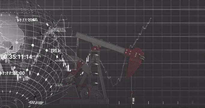 Image of globe and financial data processing with graph over pumpjack on black background