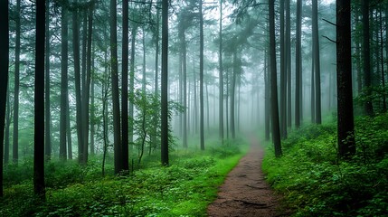 Obraz premium A serene morning in a foggy forest, with tall trees disappearing into the mist, a narrow trail leading deeper into the woods, and the sound of birdsong