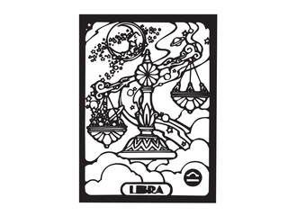Vector isolated Libra tarot card design zodiac sign colorless black and white contour line easy drawing coloring page