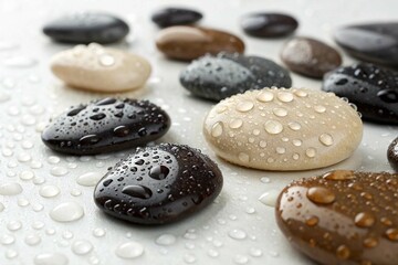Close Up of Wet Dark and Light Pebbles on white background