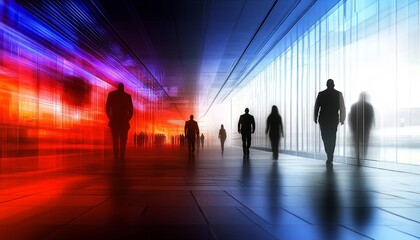 Silhouetted Figures Journey Through Futuristic Digital Corridor with Red and Blue Neon Lights