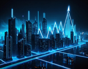 Market chart flowing through a city at night