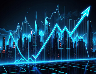 Market chart flowing through a city at night