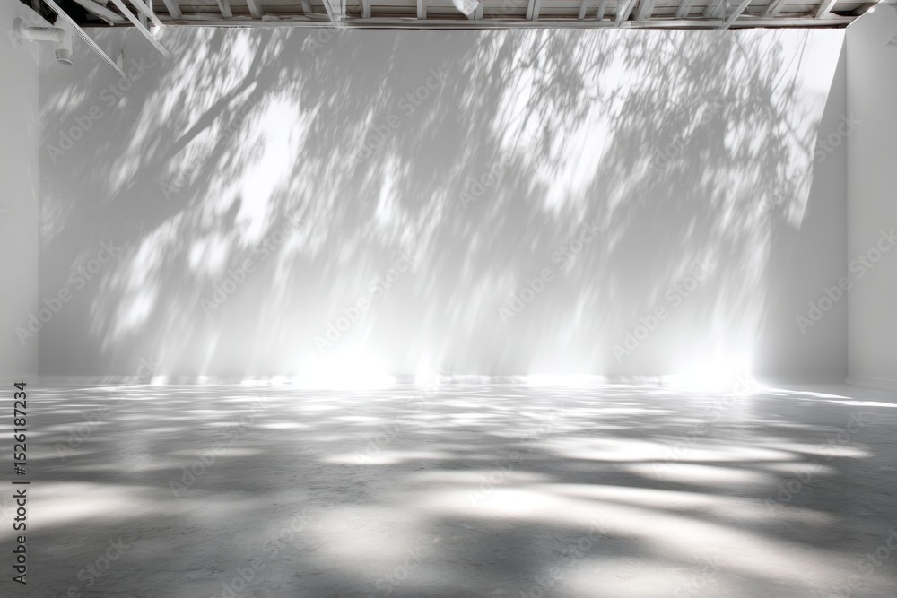 Poster sunlight play in an empty white studio creating ethereal leaf shadows and abstract patterns