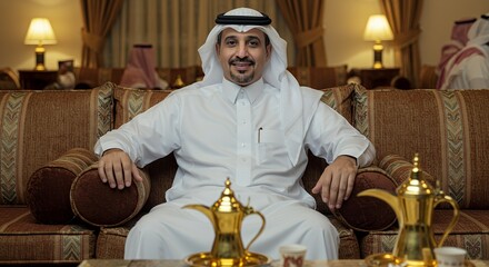 Portrait of a smiling Saudi Arabian man in traditional clothing sitting on a sofa