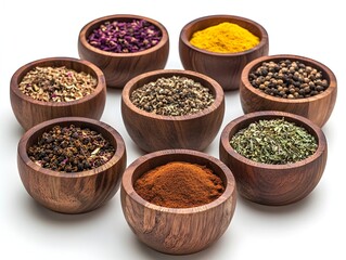 Photo of assorted spices in wooden bowls, offering a vibrant display of culinary ingredients and flavors