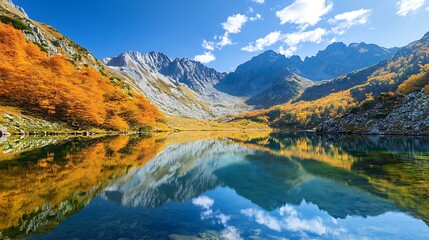 Naklejka premium A serene mountain lake with a mirror-like reflection of the surrounding peaks