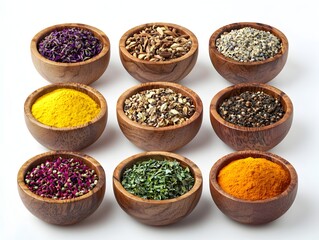 Photo of assorted spices in wooden bowls, offering a vibrant display of culinary ingredients and flavors