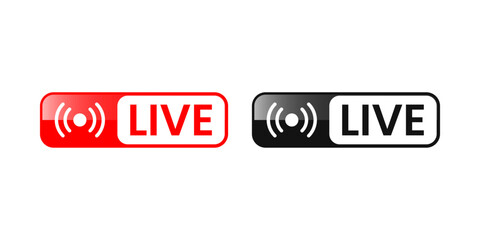 Broadcast LIVE Streaming Icons – Glossy Red and Black Signal Badges for Online Video and Social Media