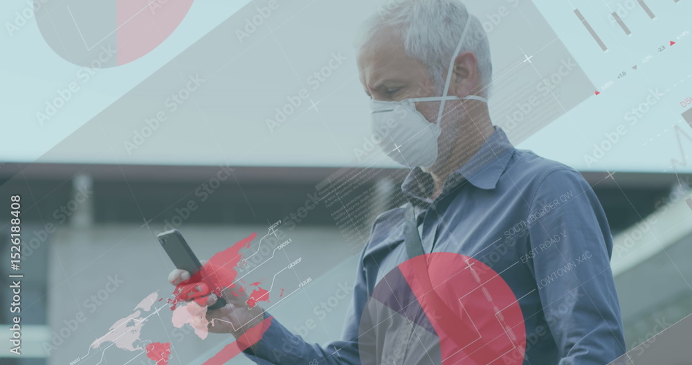 Poster image of data processing over caucasian men wearing face mask using smartphone