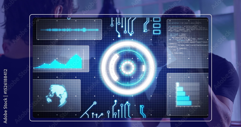 Poster image of scope scanning over data processing on black background