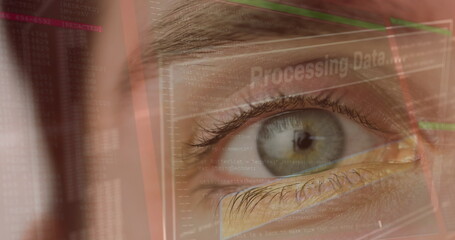 Image of digital screen with data processing over eye of caucasian woman