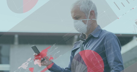 Image of data processing over caucasian men wearing face mask using smartphone