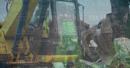 Image of financial data processing over delivery man loading up car outside of warehouse