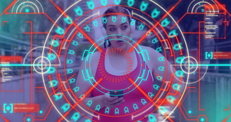 Image of scope scanning over caucasian woman with smartphone