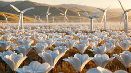 Wind turbines rise above a vibrant flower field under clear skies, blending clean energy with nature's beauty.