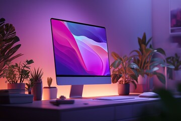 Modern Computer with Lush Greenery