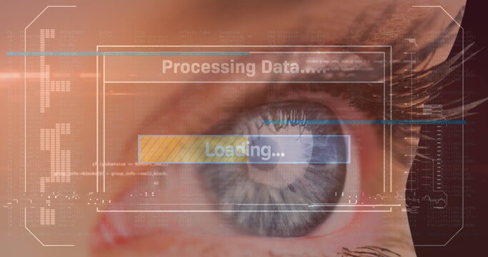 Image of caucasian female eye with business data processing on digital interface in foreground