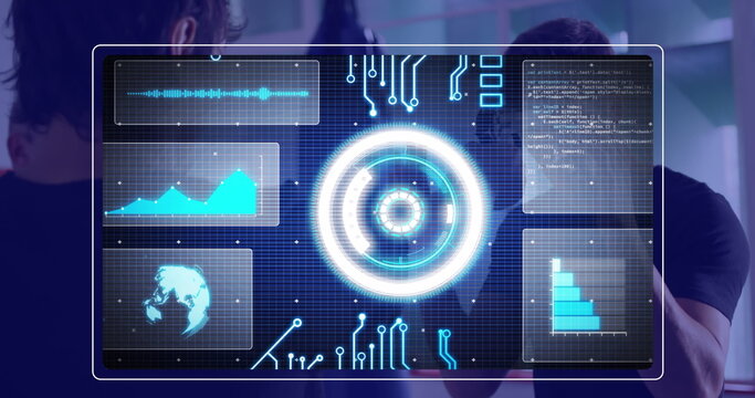 Image of scope scanning over data processing on black background
