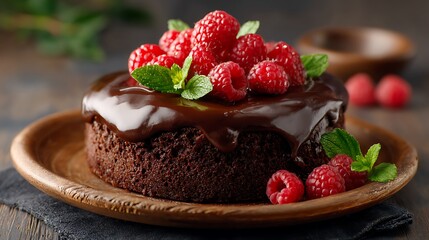 Decadent Chocolate Cake Topped with Fresh Raspberries and Mint Leaves