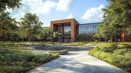 Fototapeta premium modern public school building surrounded by lush greenery and landscaped gardens, creating