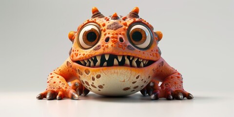 This quirky orange reptile-like monster stares straight ahead with huge, curious eyes and a mischievous grin. Its bumpy skin and playful energy make it both fierce and irresistibly adorable