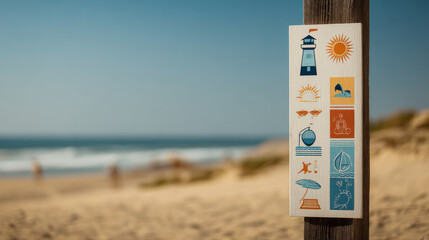 Beachside sign featuring illustrations that promote sun protection and safety practices, including lighthouse, sun, and various beach activities. This vibrant sign enhances coastal atmosphere
