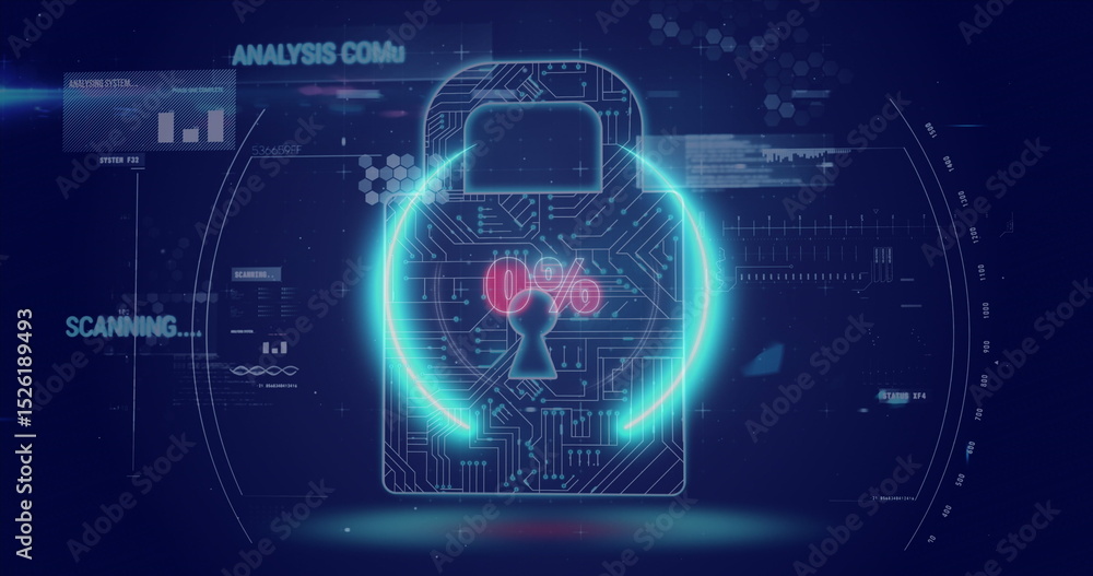 Poster image of neon circle with 0 percent over digital padlock and data on digital screen