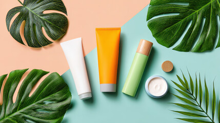 Skincare products arranged flat lay with tropical leaves, showcasing vibrant colors and various textures. This composition evokes refreshing and natural vibe, perfect for summer skincare routines