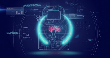 Image of neon circle with 0 percent over digital padlock and data on digital screen