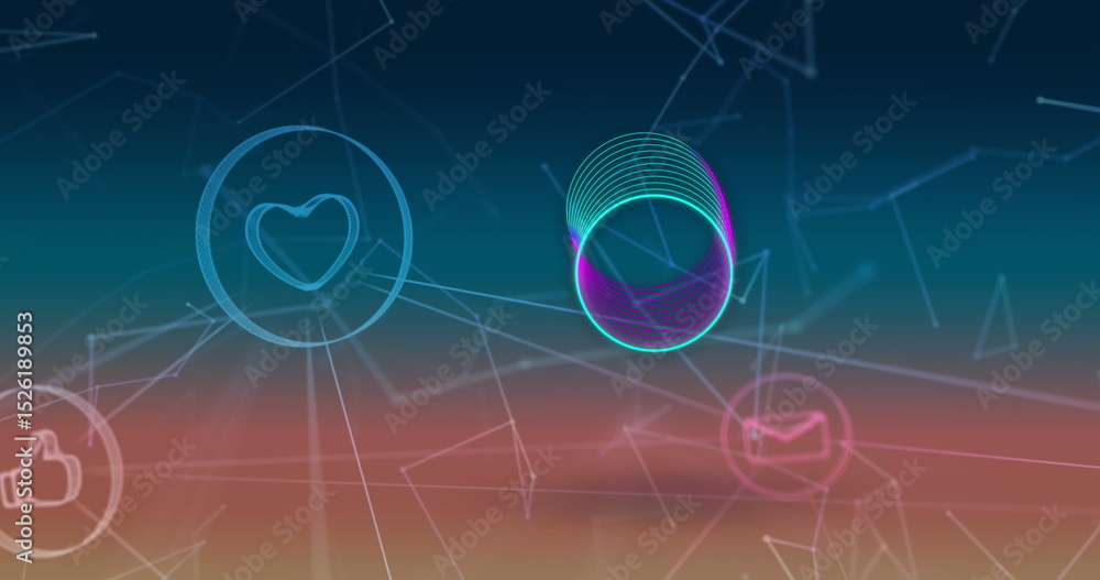 Poster image of icons and circles over network of connections