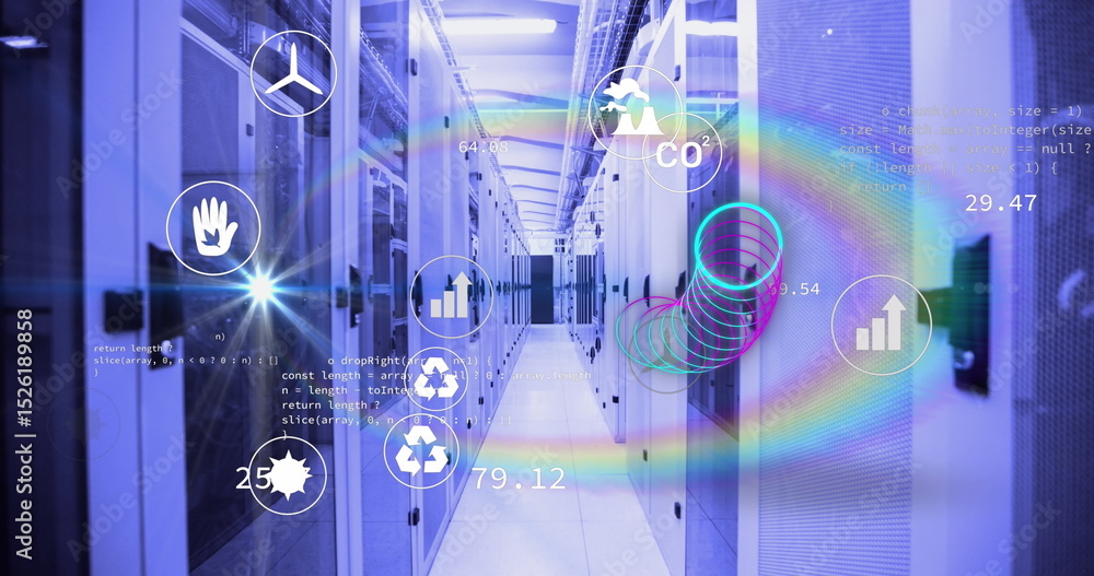 Poster image of ecology icons and circles over data processing and server room