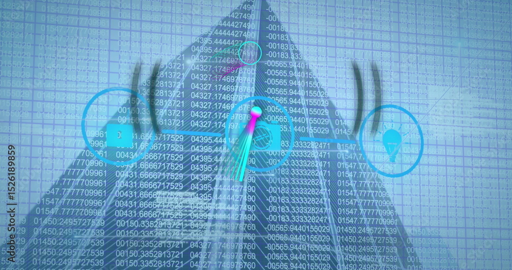 Poster image of icons and data processing over building and marker