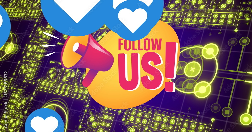 Poster image of follow us text over shapes