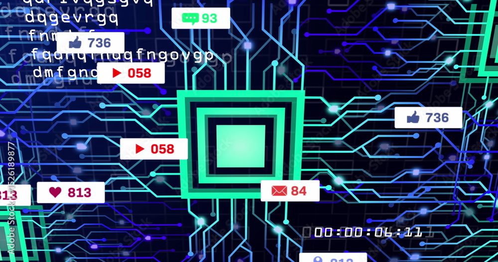 Poster image of data processing and media icons over network of connections