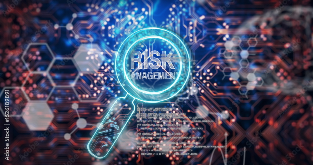 Aufkleber image of risk management text over reading glass and data processing