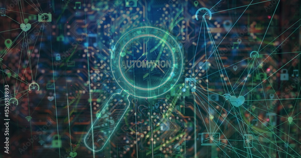 Poster image of automation text over reading glass and data processing