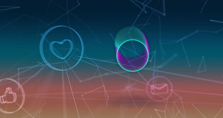 Image of icons and circles over network of connections