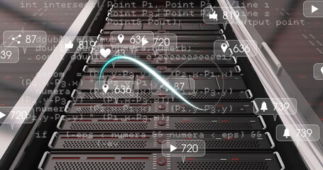 Image of data processing over icons and server room