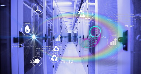 Image of ecology icons and circles over data processing and server room